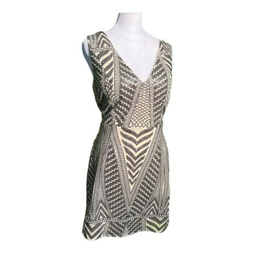 Lulus Sleeveless V-Neck Mini Dress Women's Size L Nude Mesh Black Sequins